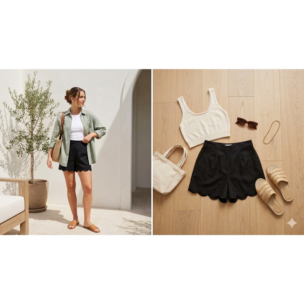 J Crew Black Scalloped Shorts 8 Linen Cotton Coastal Coquette Summer Pockets
